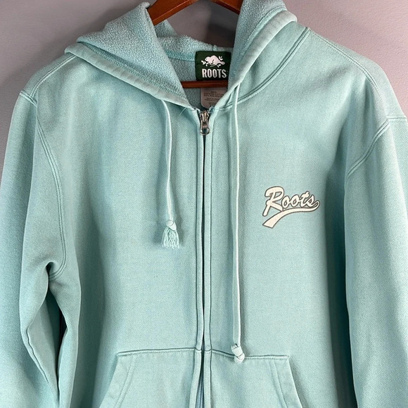 VINTAGE Roots Mint Green Zip Hoodie Chest Graphic Logo Pockets Canada Size L - Picture 4 of 11